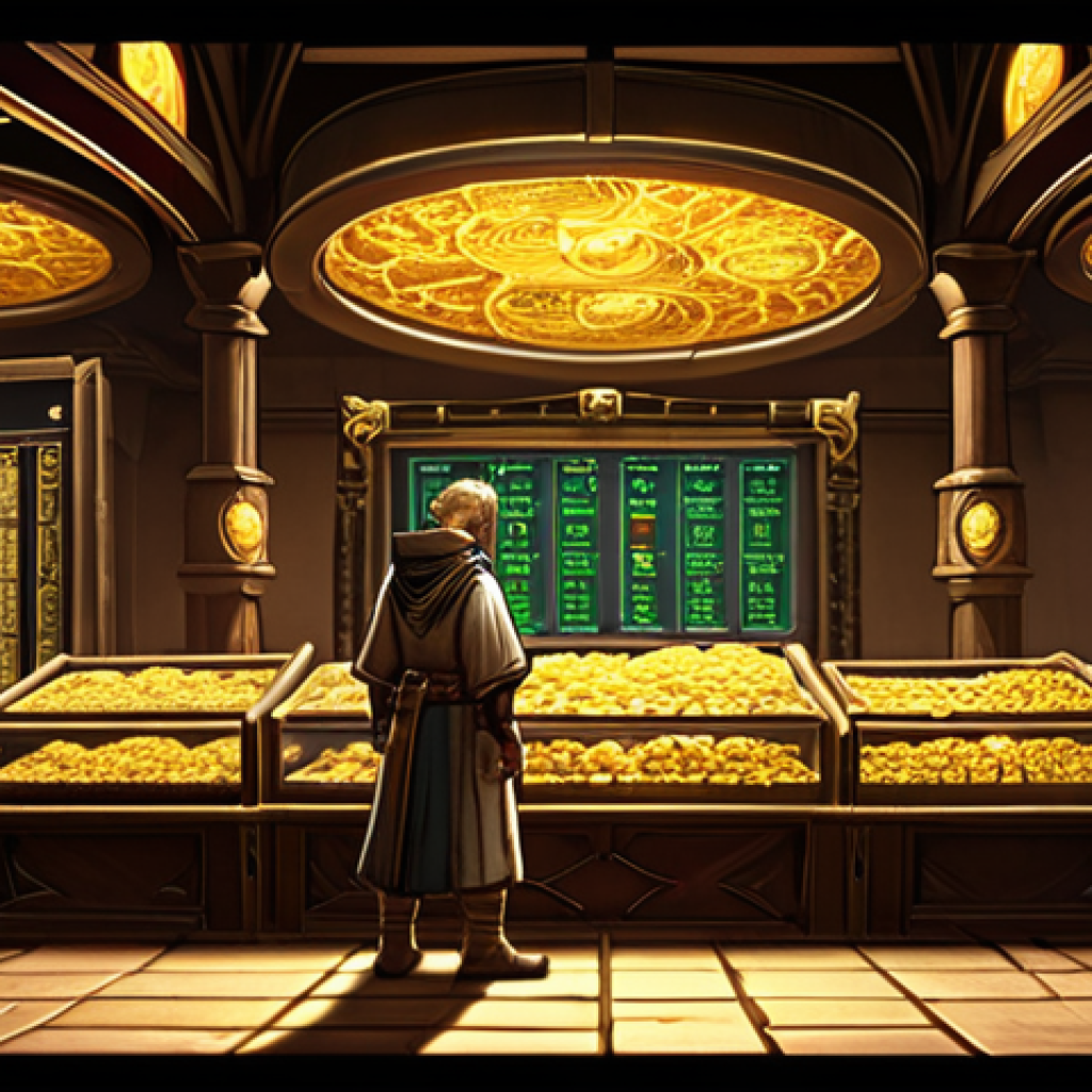 **Prompt:** A seasoned fantasy merchant, with a shrewd expression, stands before a glowing, intricate market interface in a bustling MMORPG auction house. In one hand, they hold a seemingly ordinary, aged material radiating a surprising, vibrant light, signifying its newfound value. Surrounding screens display dynamic graphs of soaring prices and large piles of golden coins (Adena), representing successful market foresight and lucrative investments. The atmosphere is charged with strategic excitement and quiet triumph.