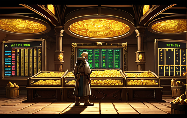 **Prompt:** A seasoned fantasy merchant, with a shrewd expression, stands before a glowing, intricate market interface in a bustling MMORPG auction house. In one hand, they hold a seemingly ordinary, aged material radiating a surprising, vibrant light, signifying its newfound value. Surrounding screens display dynamic graphs of soaring prices and large piles of golden coins (Adena), representing successful market foresight and lucrative investments. The atmosphere is charged with strategic excitement and quiet triumph.