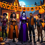 **

A group of diverse Lineage M characters celebrating a successful Halloween event. Costumes are visible. In the background, pumpkin patches and spooky decorations create a festive atmosphere. Players are trading event items, highlighting the community aspect.

**