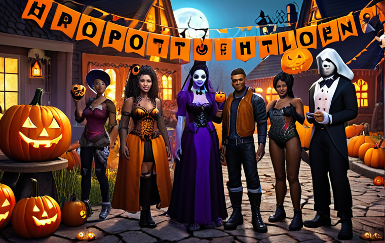 **
A group of diverse Lineage M characters celebrating a successful Halloween event. Costumes are visible. In the background, pumpkin patches and spooky decorations create a festive atmosphere. Players are trading event items, highlighting the community aspect.
**