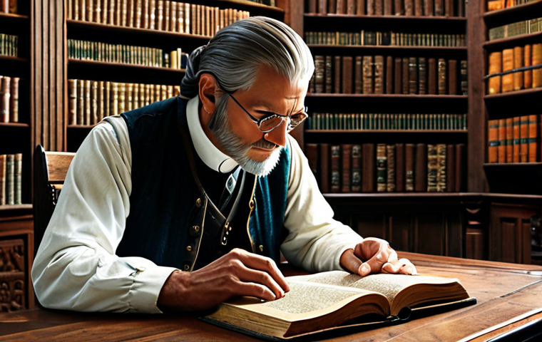 A wise-looking fantasy scholar, mid-career, dressed in a modest, layered tunic and trousers, with a practical leather vest and simple, durable boots. Fully clothed, appropriate attire, professional dress. They are sitting at a large, intricately carved wooden desk in a grand, dimly lit fantasy library. Shelves filled with ancient tomes line the walls, and a large, glowing, ornate book (representing the 'Codex') lies open before them. A quill and inkwell are nearby. The scholar is intently studying the glowing pages of the book, one hand resting thoughtfully on their chin, conveying deep contemplation and strategic insight. Natural pose. Professional photography, highly detailed, cinematic lighting, perfect anatomy, correct proportions, well-formed hands, proper finger count, natural body proportions, safe for work, appropriate content, modest clothing, family-friendly.