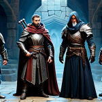 A diverse group of fantasy adventurers, including a heavily armored warrior, a robed mage, a cloaked rogue, and a light-armored healer, standing in natural, coordinated poses. They are fully clothed in modest, appropriate fantasy battle attire, with perfect anatomy, well-formed hands, proper finger count, and natural body proportions. They are positioned within a well-lit, ancient dungeon, subtly coordinating their abilities with gentle, non-violent magical effects. The scene emphasizes strategic teamwork and cooperation. High quality, professional photography, safe for work, appropriate content, family-friendly.