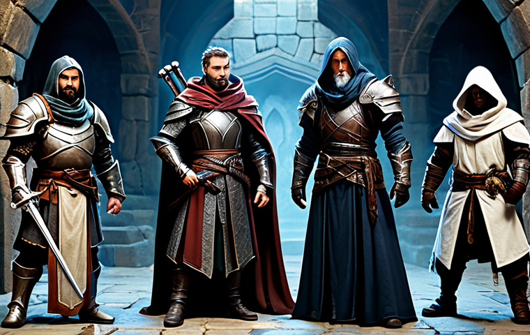 A diverse group of fantasy adventurers, including a heavily armored warrior, a robed mage, a cloaked rogue, and a light-armored healer, standing in natural, coordinated poses. They are fully clothed in modest, appropriate fantasy battle attire, with perfect anatomy, well-formed hands, proper finger count, and natural body proportions. They are positioned within a well-lit, ancient dungeon, subtly coordinating their abilities with gentle, non-violent magical effects. The scene emphasizes strategic teamwork and cooperation. High quality, professional photography, safe for work, appropriate content, family-friendly.