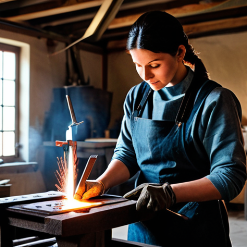 Home 23 **
A skilled craftswoman in a fully clothed, modest workshop, meticulously crafting a piece of armor. The scene is filled with tools, materials, and the warm glow of a forge. Appropriate attire, safe for work, perfect anatomy, natural proportions, professional quality, well-formed hands, proper finger count, natural body proportions, professional, modest.
**