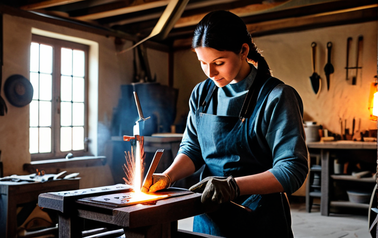 **
A skilled craftswoman in a fully clothed, modest workshop, meticulously crafting a piece of armor. The scene is filled with tools, materials, and the warm glow of a forge. Appropriate attire, safe for work, perfect anatomy, natural proportions, professional quality, well-formed hands, proper finger count, natural body proportions, professional, modest.
**