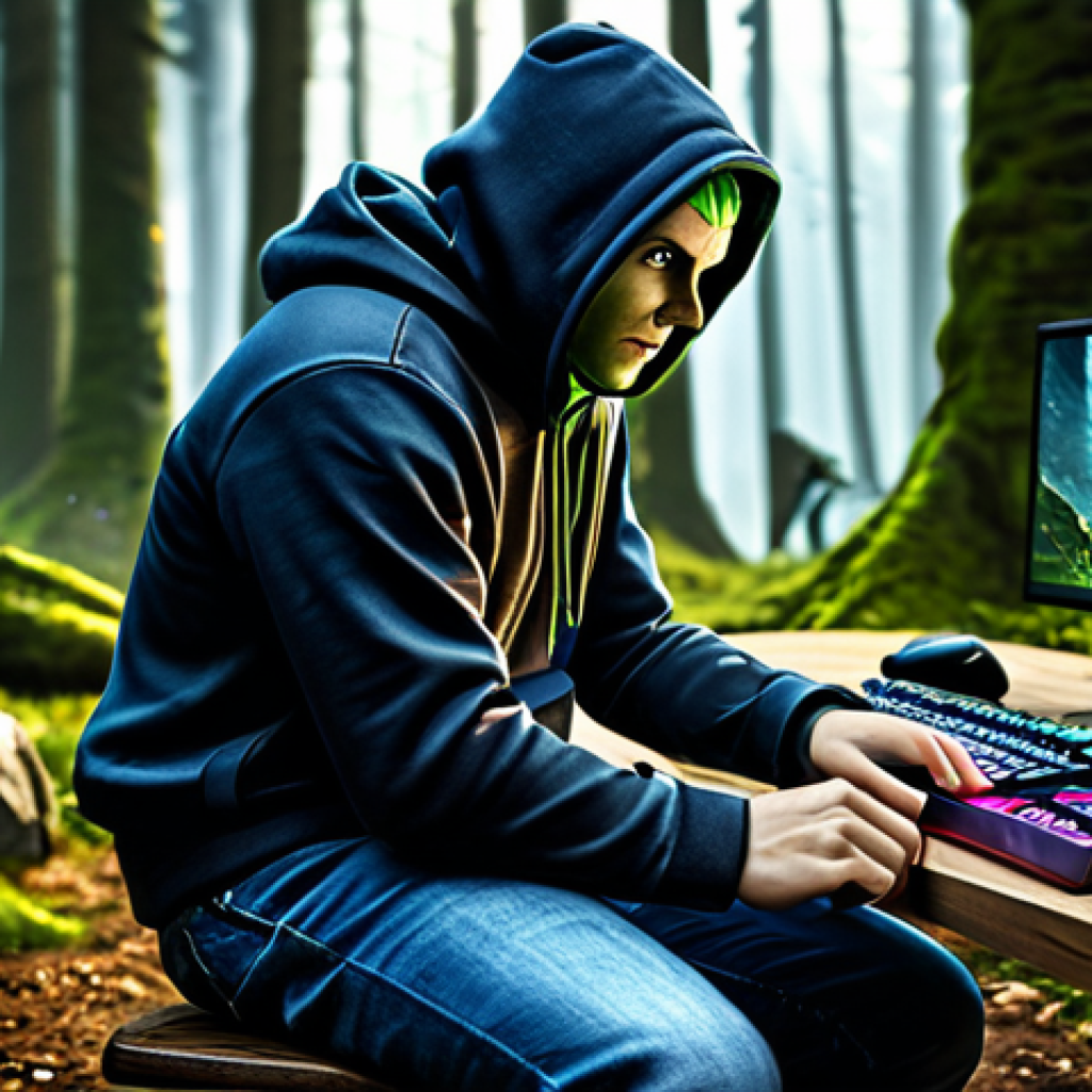 **

A professional German gamer, fully clothed in comfortable gaming attire (jeans and a hoodie), sitting at a high-end gaming PC. The background shows a stylized version of a Lineage M hunting ground (Goblin-Wald around Gludin), with some goblins in the background, but not the main focus.  Focus should be on the gamer's determined and focused expression. Safe for work, appropriate content, family-friendly, professional setup, perfect anatomy, natural proportions, high quality.

**