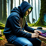 **

A professional German gamer, fully clothed in comfortable gaming attire (jeans and a hoodie), sitting at a high-end gaming PC. The background shows a stylized version of a Lineage M hunting ground (Goblin-Wald around Gludin), with some goblins in the background, but not the main focus.  Focus should be on the gamer's determined and focused expression. Safe for work, appropriate content, family-friendly, professional setup, perfect anatomy, natural proportions, high quality.

**