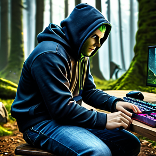 Home 22 **
A professional German gamer, fully clothed in comfortable gaming attire (jeans and a hoodie), sitting at a high-end gaming PC. The background shows a stylized version of a Lineage M hunting ground (Goblin-Wald around Gludin), with some goblins in the background, but not the main focus. Focus should be on the gamer's determined and focused expression. Safe for work, appropriate content, family-friendly, professional setup, perfect anatomy, natural proportions, high quality.
**
