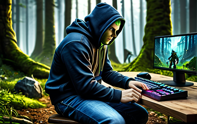 **
A professional German gamer, fully clothed in comfortable gaming attire (jeans and a hoodie), sitting at a high-end gaming PC. The background shows a stylized version of a Lineage M hunting ground (Goblin-Wald around Gludin), with some goblins in the background, but not the main focus. Focus should be on the gamer's determined and focused expression. Safe for work, appropriate content, family-friendly, professional setup, perfect anatomy, natural proportions, high quality.
**