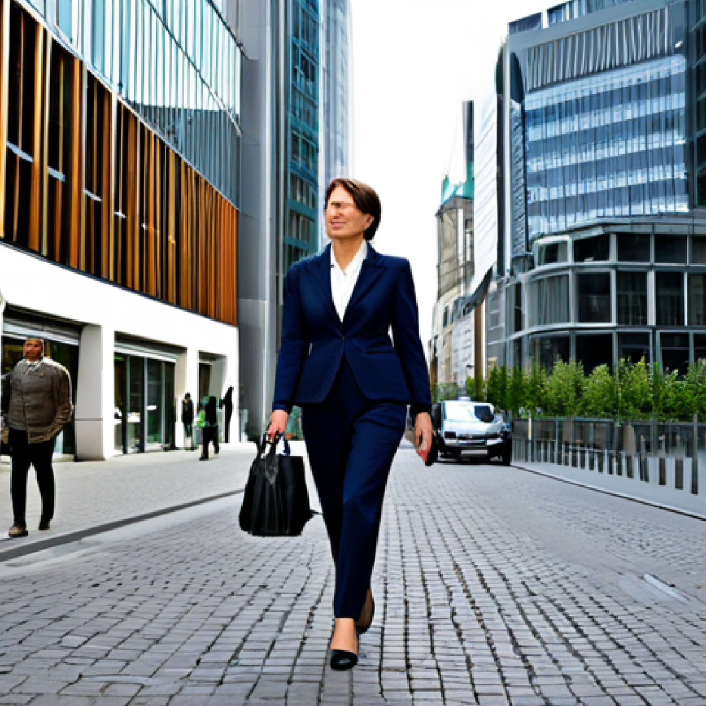 **

"A professional businesswoman in a modest business suit, walking confidently through the financial district of Frankfurt, Germany, fully clothed, appropriate attire, safe for work, perfect anatomy, natural proportions, professional photography, high quality."

**