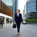 **

"A professional businesswoman in a modest business suit, walking confidently through the financial district of Frankfurt, Germany, fully clothed, appropriate attire, safe for work, perfect anatomy, natural proportions, professional photography, high quality."

**