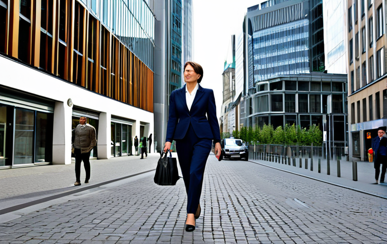 **

"A professional businesswoman in a modest business suit, walking confidently through the financial district of Frankfurt, Germany, fully clothed, appropriate attire, safe for work, perfect anatomy, natural proportions, professional photography, high quality."

**
