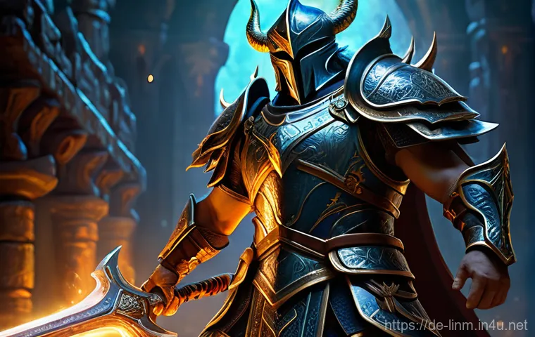 리니지M 전설 등급 아이템 소개 - **A Victorious Legendary Drop:** A valiant male warrior, in full, intricately designed fantasy p...