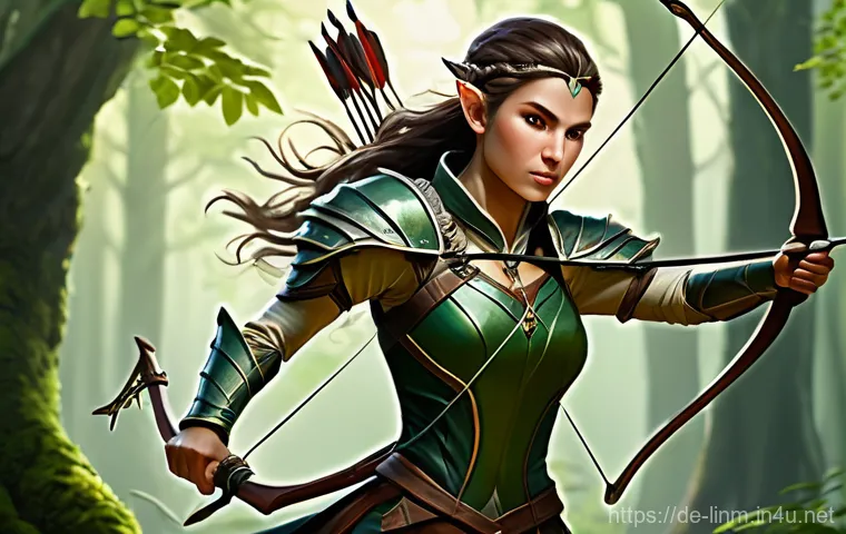 리니지M 전투 기술 사용법 - **Prompt 1: Agile Elven Archer Kiting a Monster** "A female elven archer, dressed in practical, ...