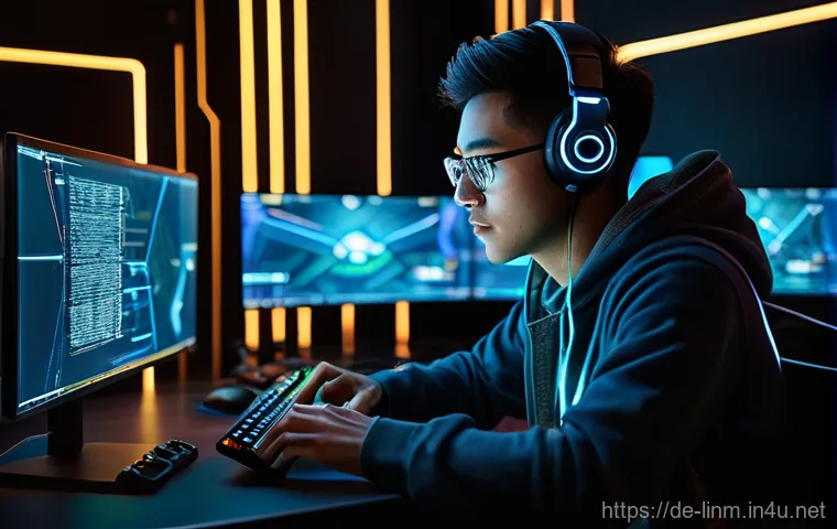 리니지M 전투 데이터 분석 - **A highly focused young adult (20s-30s, gender neutral) gamer, illuminated by the glow of multiple ...