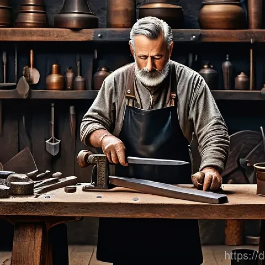리니지M 게임 내 제작법 - **Prompt:** A highly detailed depiction of a master craftsman in a dimly lit, atmospheric workshop. ...
