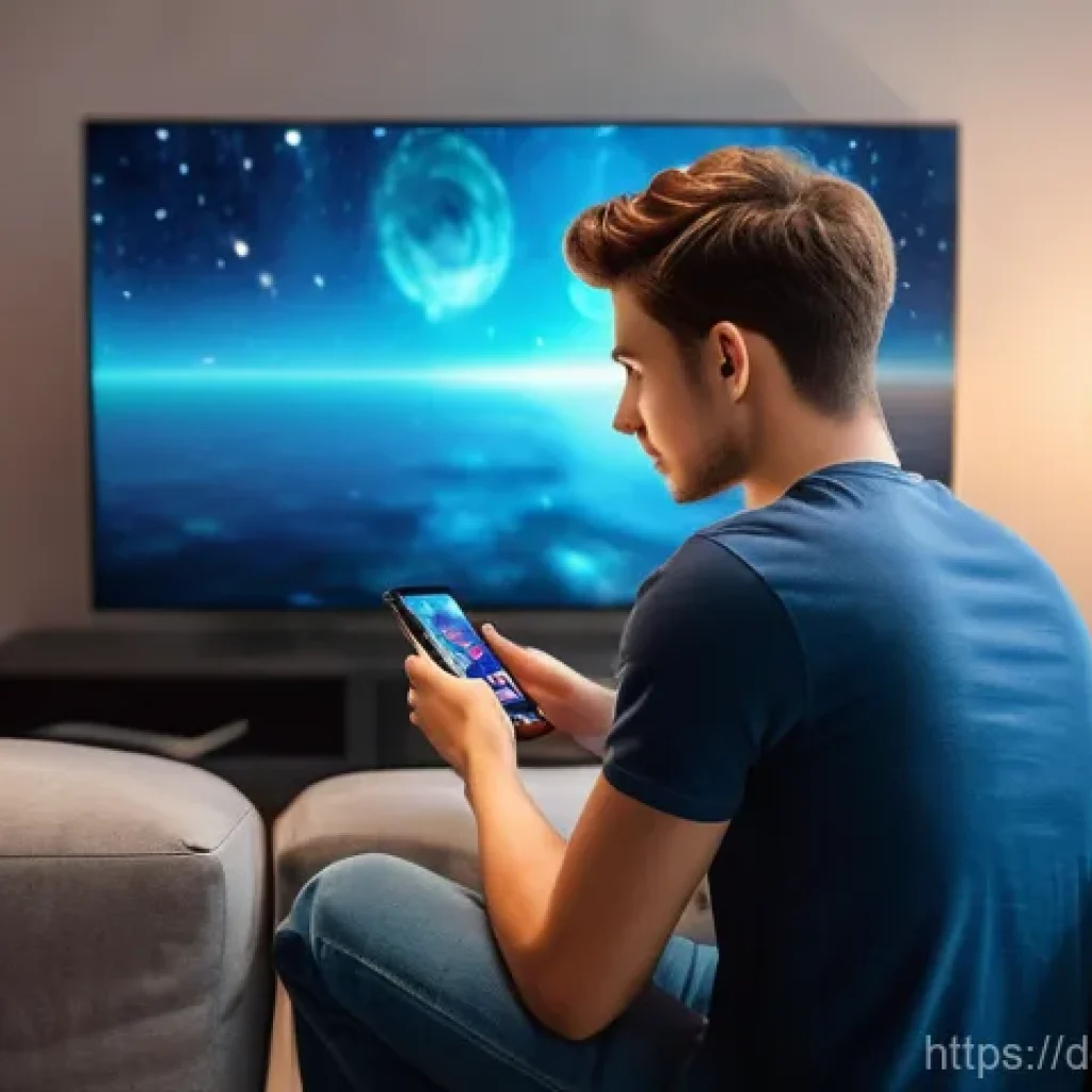 리니지M 게임 최적화 설정 - **Prompt:** A young man, wearing a casual t-shirt and jeans, is engrossed in playing a vibrant mobil...