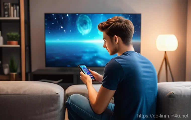 리니지M 게임 최적화 설정 - **Prompt:** A young man, wearing a casual t-shirt and jeans, is engrossed in playing a vibrant mobil...