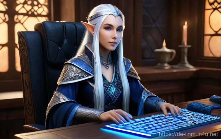 리니지M 퀘스트 빠르게 완료하기 - **Prompt:** A highly detailed, realistic fantasy illustration of a female elven mage, mid-20s, with ...