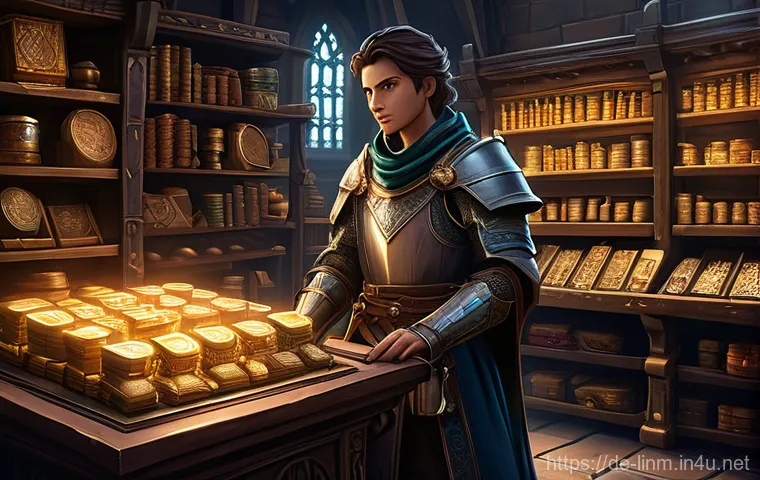 리니지M 유료 아이템 효율성 분석 - **Prompt 1: The Diamond Merchant's Crossroads** "A wide-angle, highly detailed illustration depi...