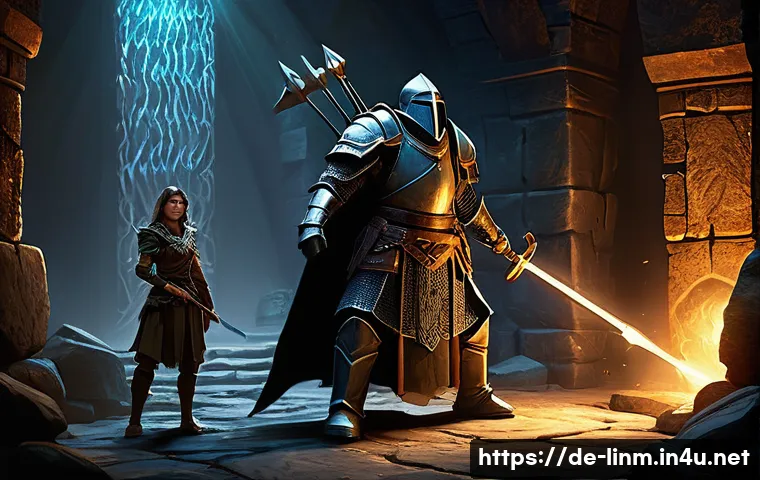 리니지M 혈맹 혜택 분석 - **Prompt:** A diverse group of four adventurers stands united in a dimly lit, ancient dungeon chambe...