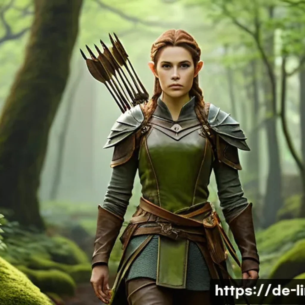 리니지M 캐릭터 이름 바꾸기 - **Prompt:** A solemn female elven archer in intricate, slightly faded green and brown leather armor ...