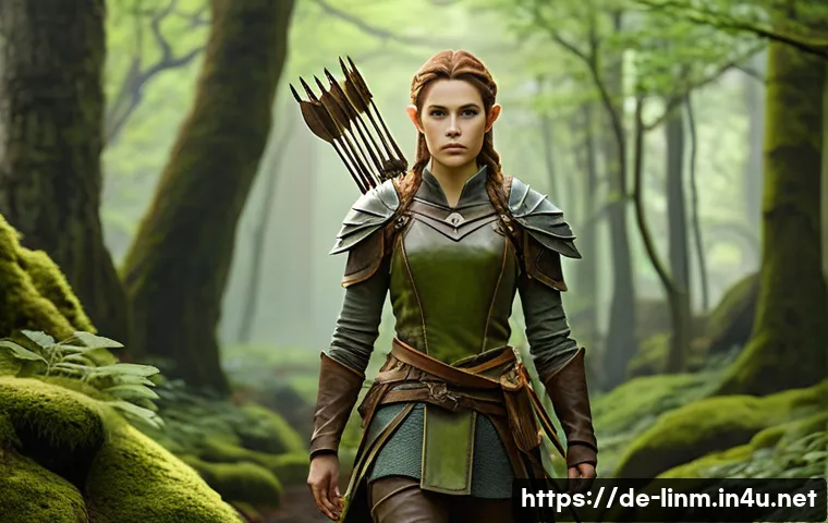 리니지M 캐릭터 이름 바꾸기 - **Prompt:** A solemn female elven archer in intricate, slightly faded green and brown leather armor ...