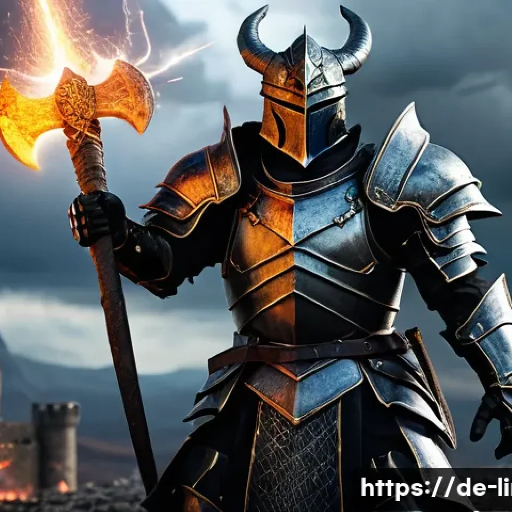 리니지M 직업별 추천 무기 - A powerful male Dragon Knight in full, intricately detailed, dark fantasy plate armor, wielding a ma...