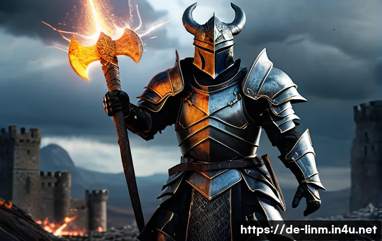 리니지M 직업별 추천 무기 - A powerful male Dragon Knight in full, intricately detailed, dark fantasy plate armor, wielding a ma...