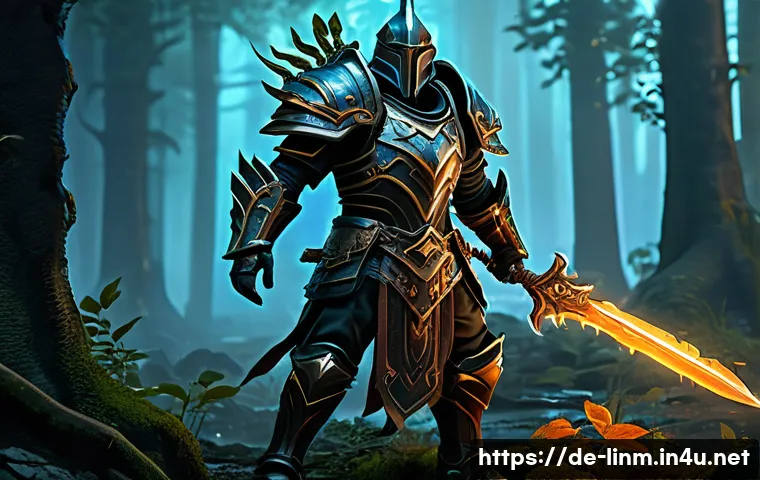 리니지M PvE 전략 가이드 - A detailed fantasy warrior equipped for PvE in a high-fantasy MMORPG setting, wearing a full enchant...