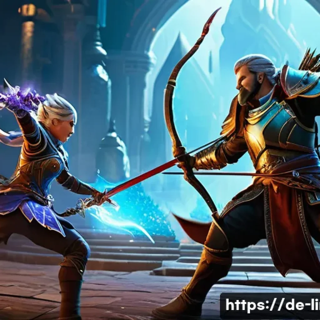 리니지M 장비 스왑 팁 - A dynamic scene of a fantasy PvP battle featuring a mage and a ranged archer wearing detailed, styli...
