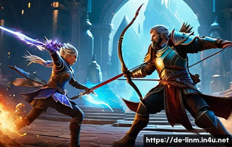 리니지M 장비 스왑 팁 - A dynamic scene of a fantasy PvP battle featuring a mage and a ranged archer wearing detailed, styli...