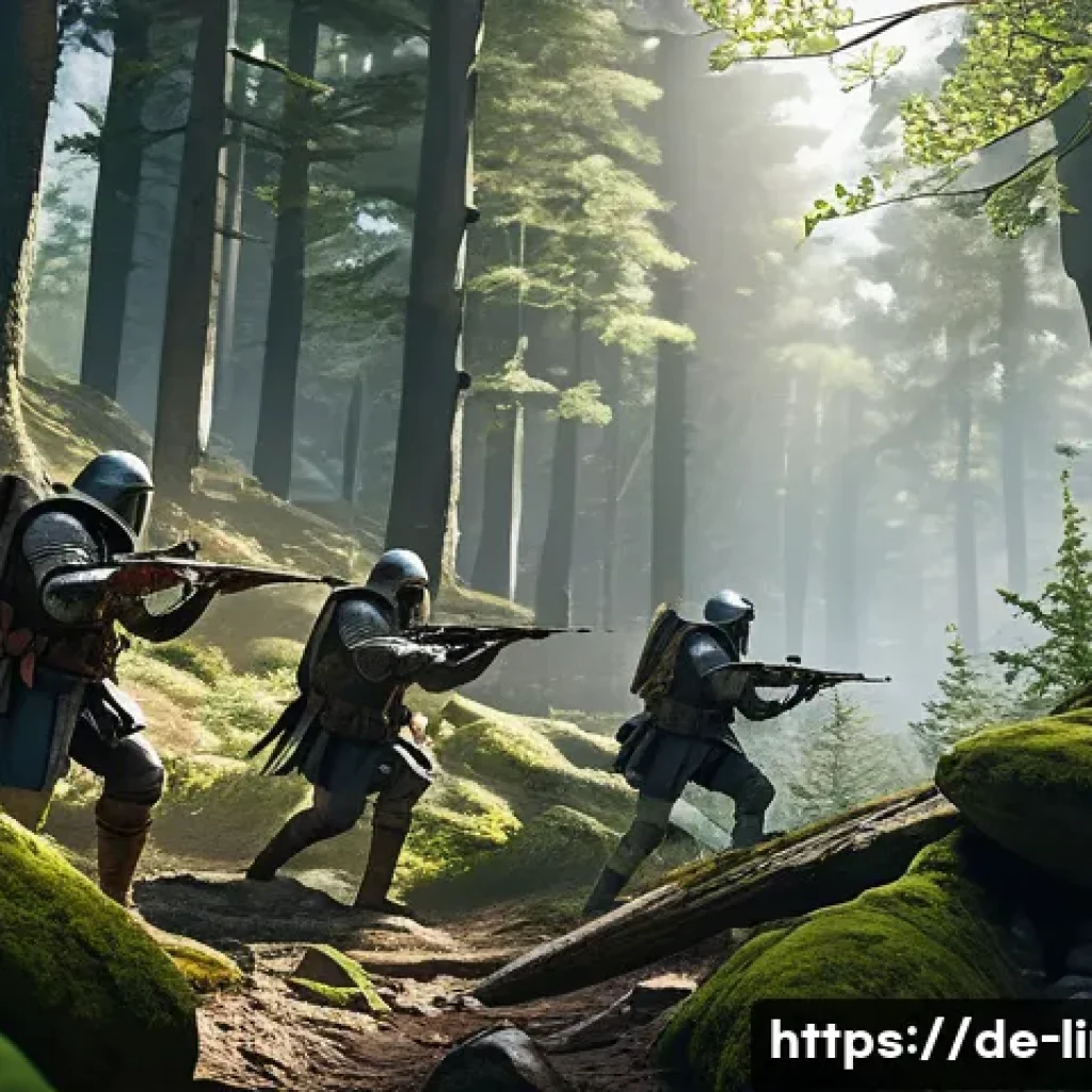 리니지M 필드 전투 기본 - A dynamic battlefield scene showcasing a small tactical squad in medieval-inspired lightweight armor...