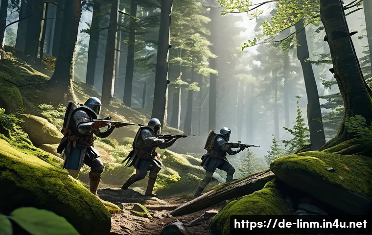 리니지M 필드 전투 기본 - A dynamic battlefield scene showcasing a small tactical squad in medieval-inspired lightweight armor...