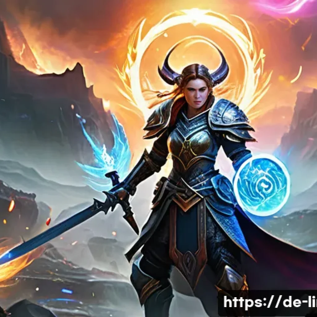 리니지M 특수 효과 활용 - A dynamic fantasy battle scene featuring a heavily armored warrior and a mage casting spells, surrou...