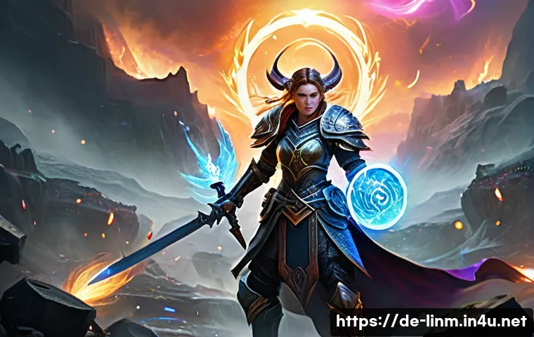 리니지M 특수 효과 활용 - A dynamic fantasy battle scene featuring a heavily armored warrior and a mage casting spells, surrou...