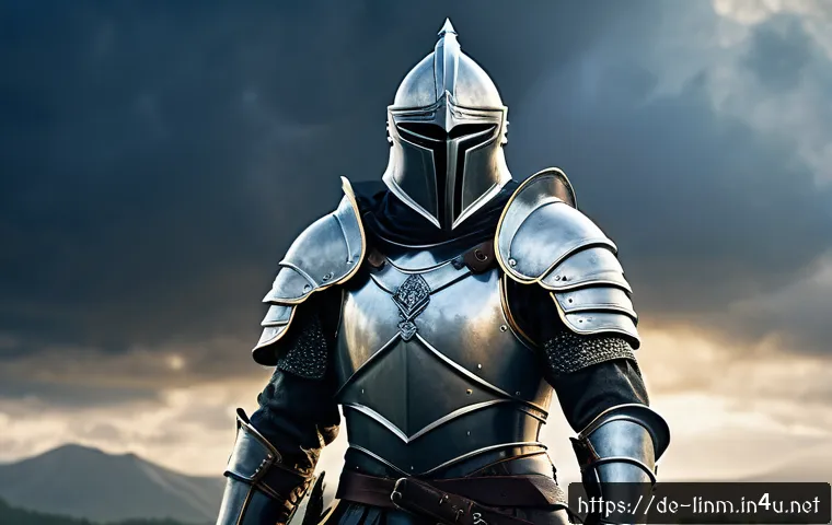 리니지M 초보자 장비 강화법 - A detailed fantasy warrior character in high-quality, glowing armor set with intricate engravings an...