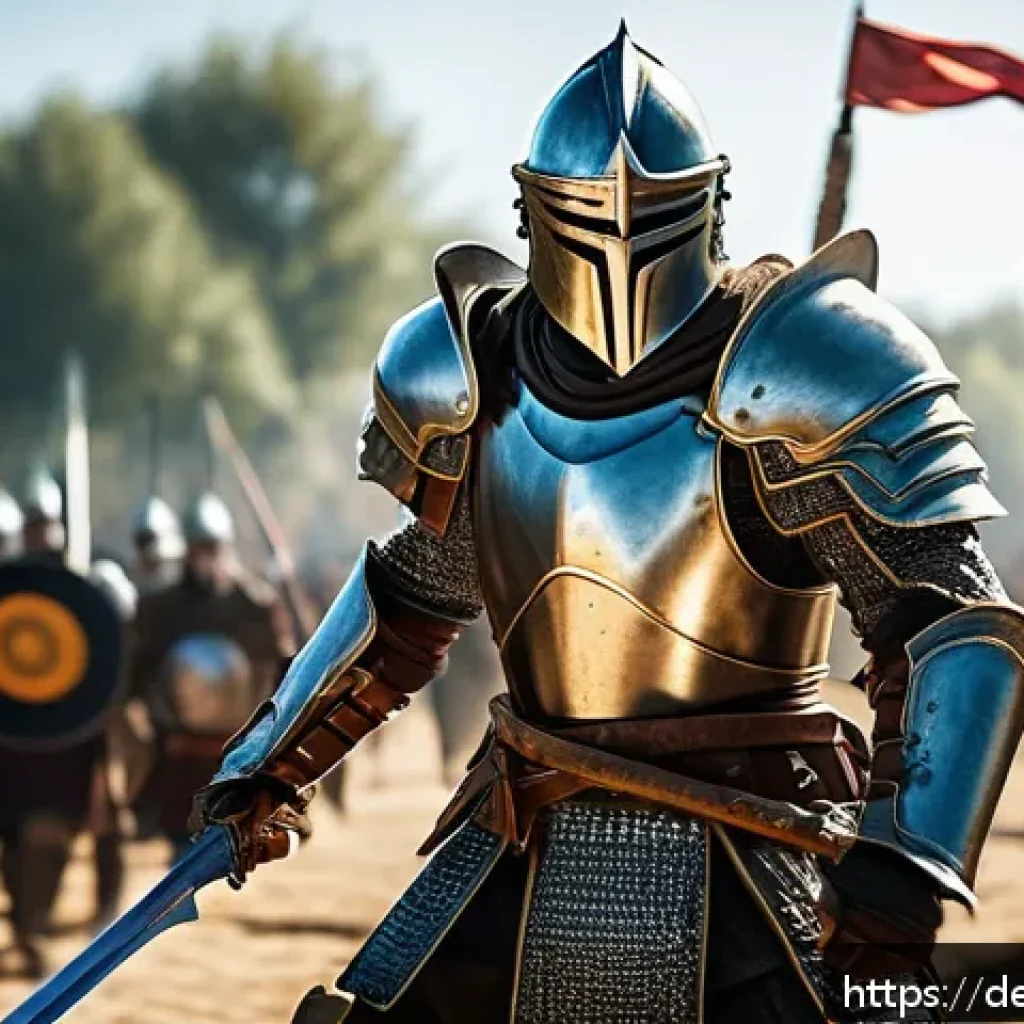 리니지M 용기사 스킬 조합 - A dynamic PvP warrior in detailed medieval armor wielding a glowing sword, executing a swift combo a...