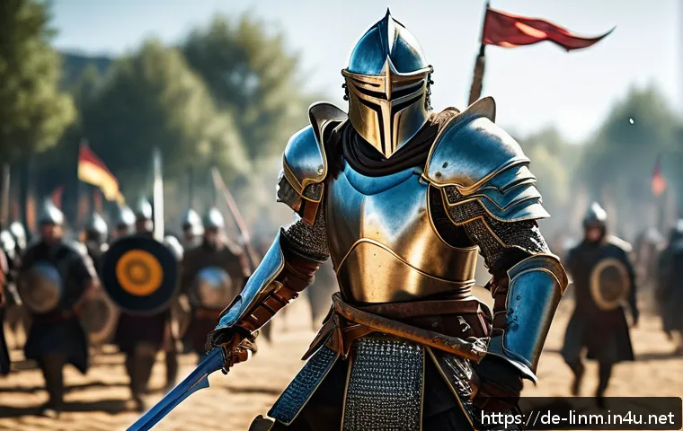 리니지M 용기사 스킬 조합 - A dynamic PvP warrior in detailed medieval armor wielding a glowing sword, executing a swift combo a...