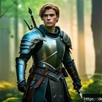 리니지M 초보자 장비 가이드 - A confident young warrior in light to medium armor standing in a lush fantasy forest clearing at daw...