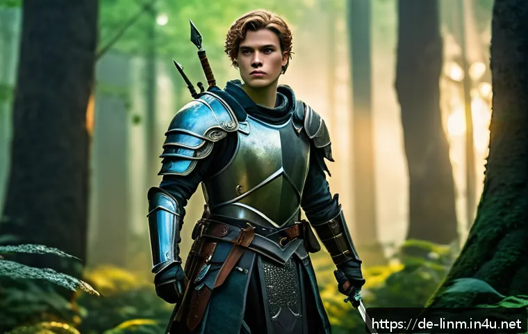 리니지M 초보자 장비 가이드 - A confident young warrior in light to medium armor standing in a lush fantasy forest clearing at daw...