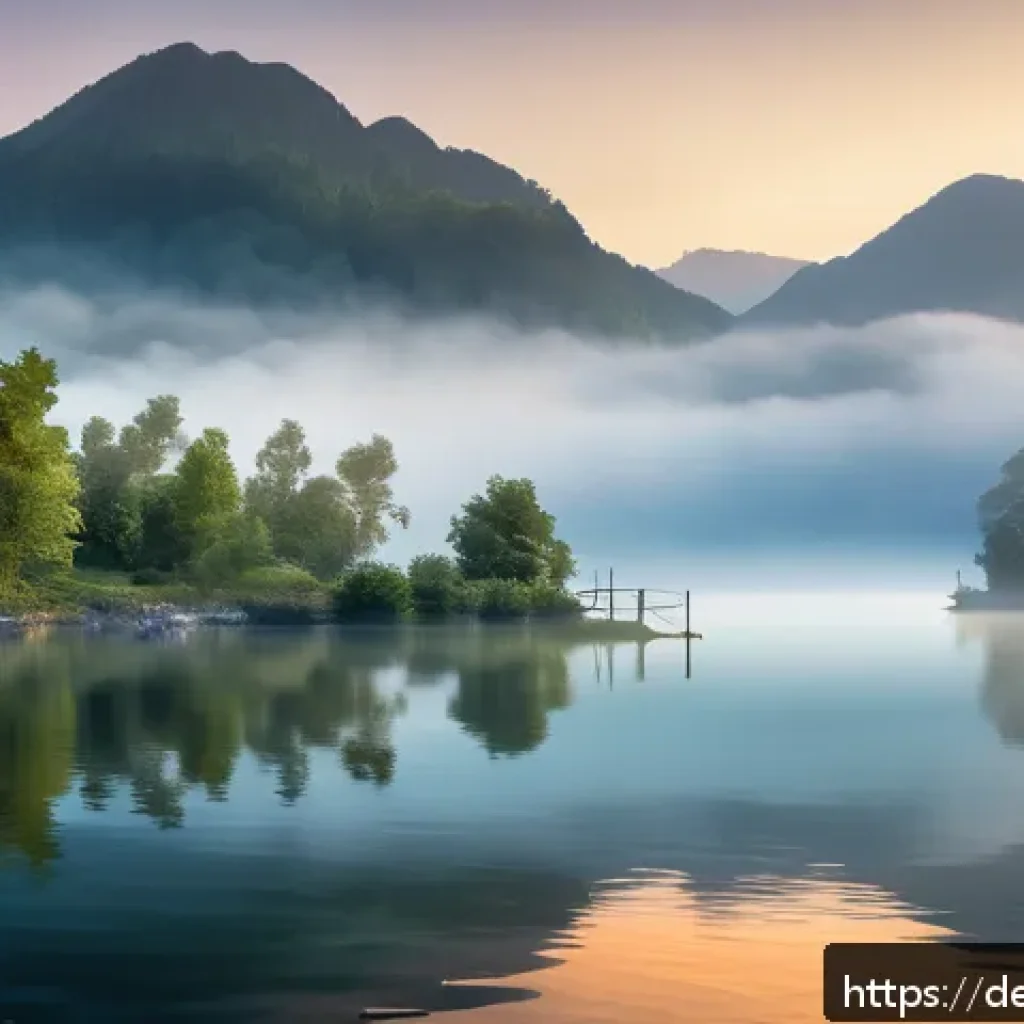 리니지M 낚시 시스템 사용법 - A serene fantasy fishing spot at dawn in a lush, expansive lakeside setting with gentle mist rising ...