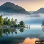 리니지M 낚시 시스템 사용법 - A serene fantasy fishing spot at dawn in a lush, expansive lakeside setting with gentle mist rising ...
