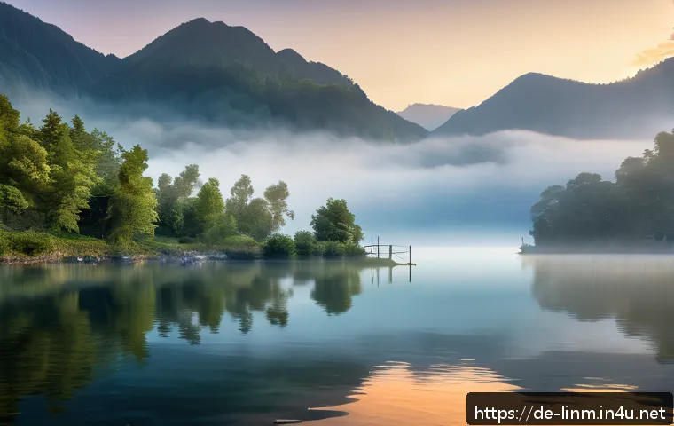 리니지M 낚시 시스템 사용법 - A serene fantasy fishing spot at dawn in a lush, expansive lakeside setting with gentle mist rising ...