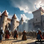 리니지M 군주 계급 상승 조건 - A dynamic fantasy battle scene inside a medieval castle courtyard during a guild raid event in Linea...