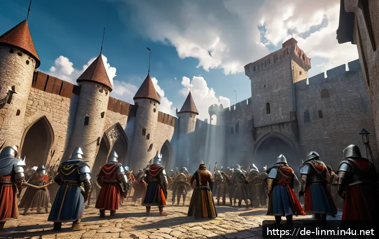 리니지M 군주 계급 상승 조건 - A dynamic fantasy battle scene inside a medieval castle courtyard during a guild raid event in Linea...