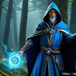 리니지M 마법사 무기 추천 - A high-level wizard character in a fantasy MMORPG setting, wearing elegant mage robes and wielding a...