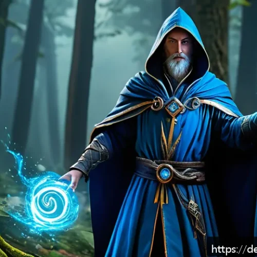 리니지M 마법사 무기 추천 - A high-level wizard character in a fantasy MMORPG setting, wearing elegant mage robes and wielding a...