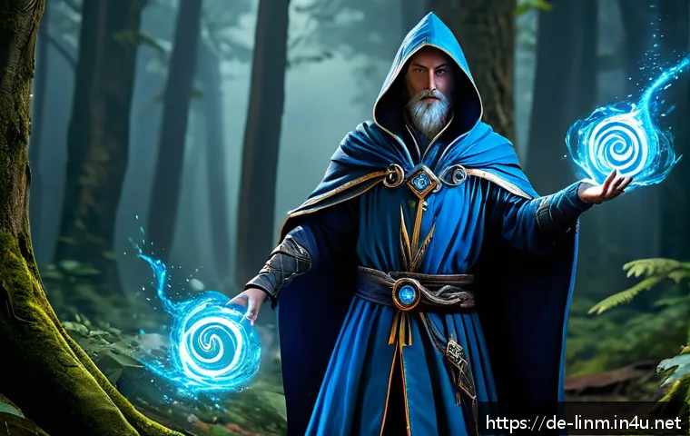 리니지M 마법사 무기 추천 - A high-level wizard character in a fantasy MMORPG setting, wearing elegant mage robes and wielding a...