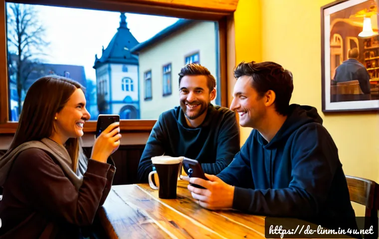 리니지M 유저 간 친목 활동 - Photorealistic evening meetup of four adult German friends in a cozy Berlin café, smiling and discus...